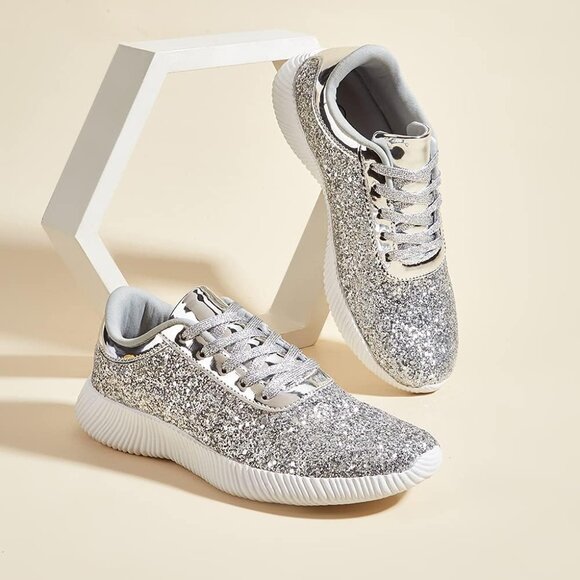 Lucky Step Women's Silver Sparkly Metallic Sequins Lightweight Glitter Shoes - Picture 3 of 8